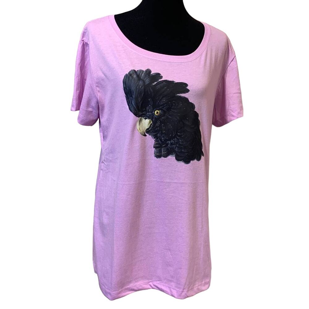 New Hand Printed Womens XL Black Cockatoo Parrot Ukraine Artist Fundraiser Tee